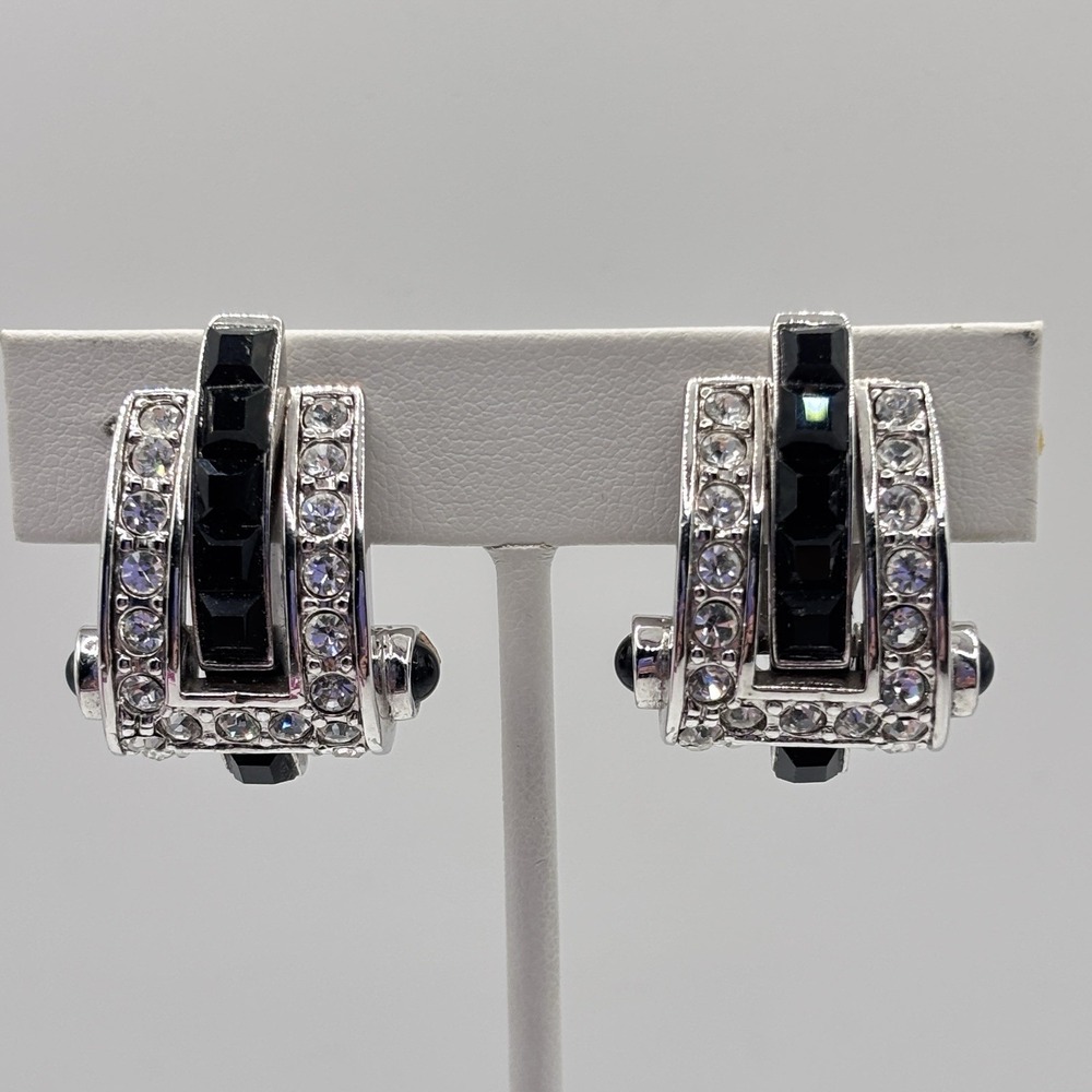 Vintage Carolee Signed Black White Earrings Clip On Silver Tone Pave Rhinestones